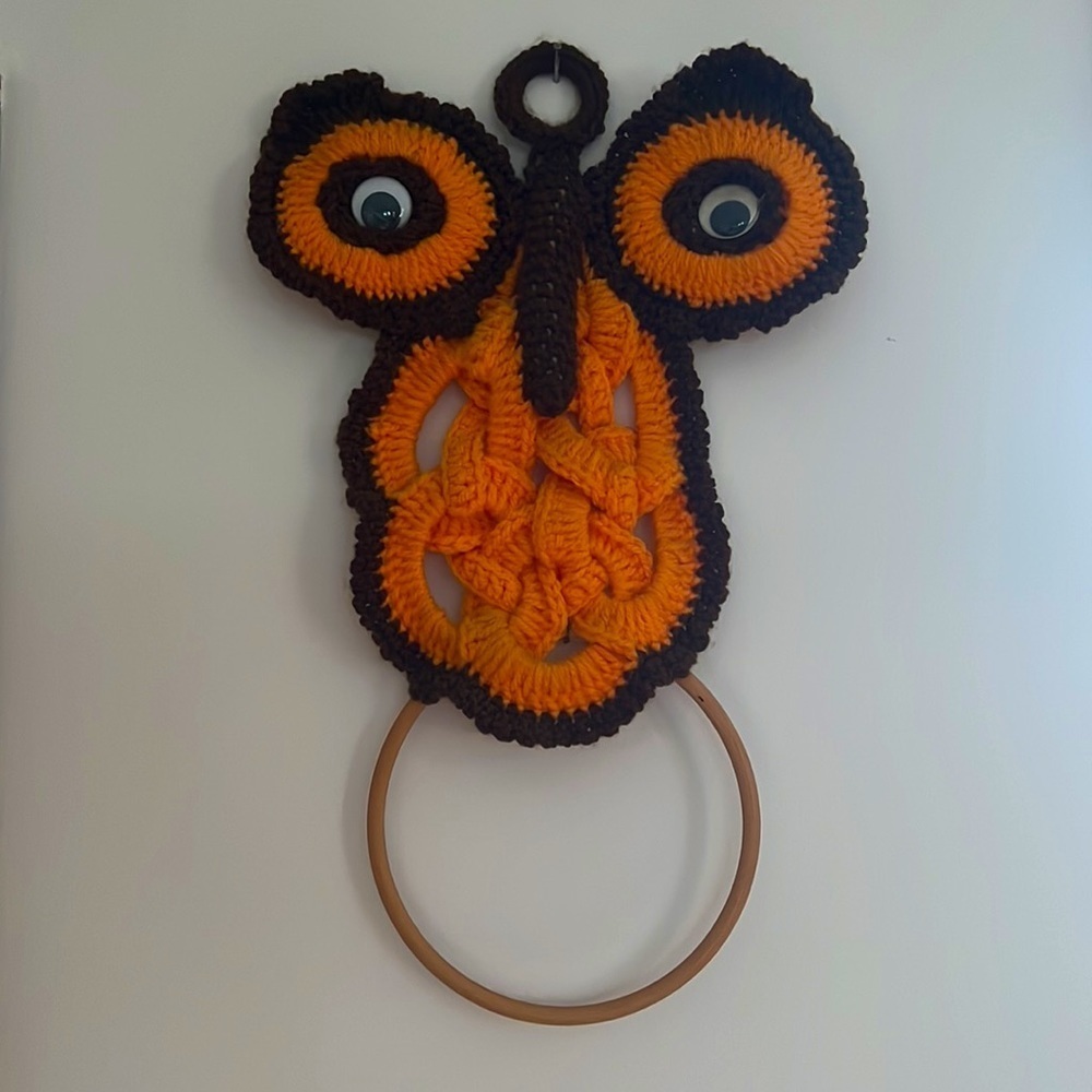 Handcrafted hand, crocheted owl, with googly eyes towel ring holder